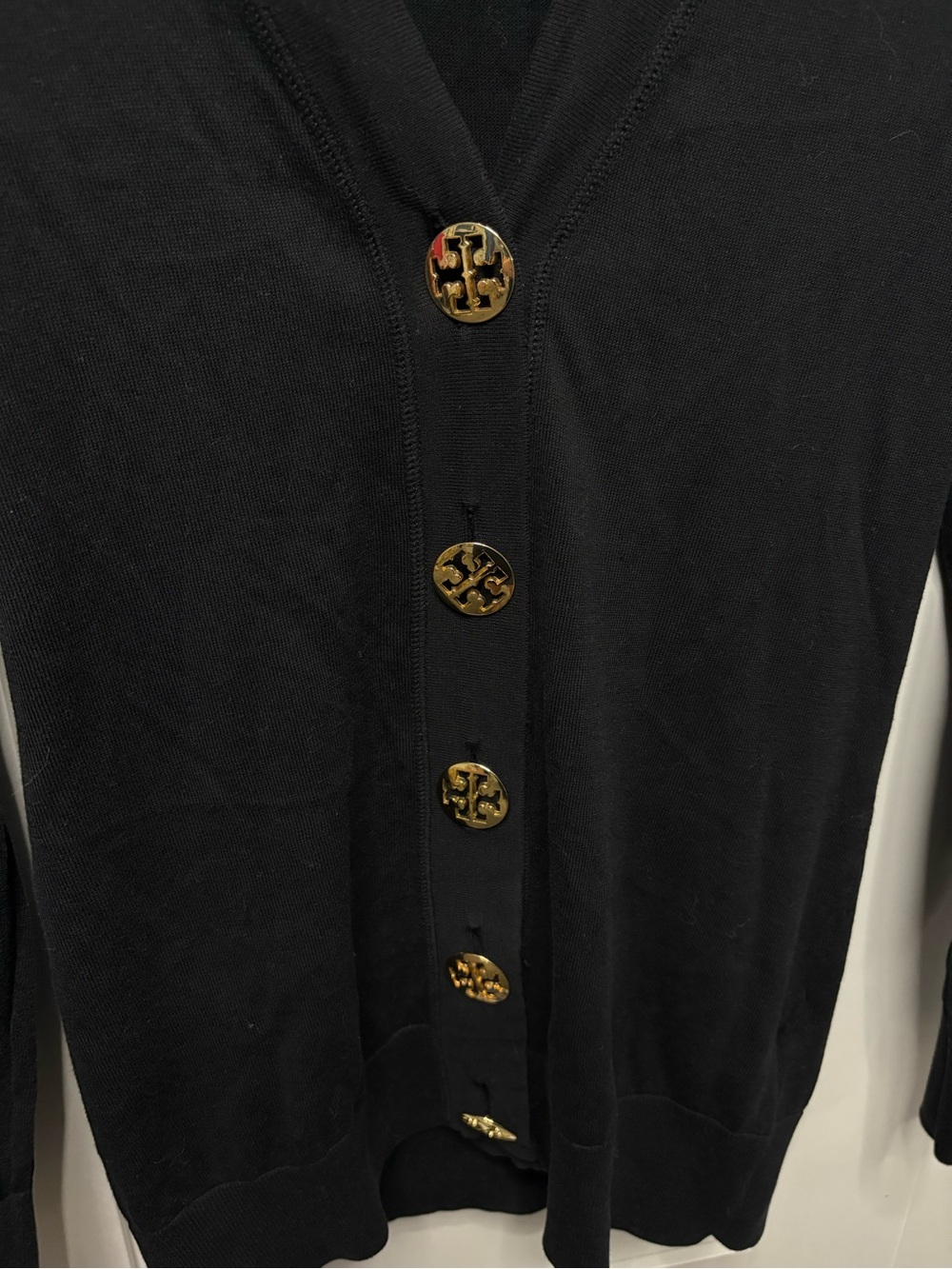 Tory Burch Black V-Neck Cardigan with Logo Buttons - Picture 5 of 7